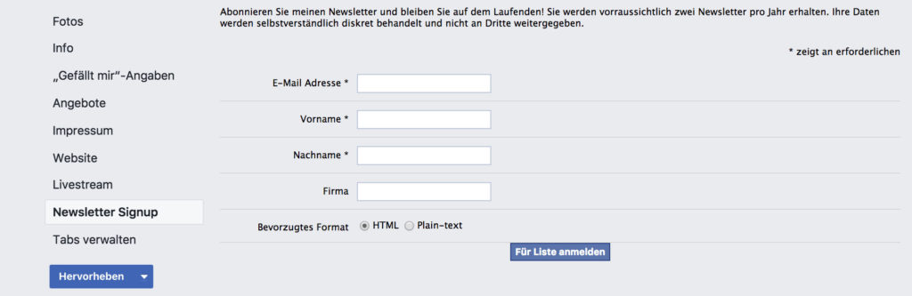 Mailchim Singup Formular in Facebook