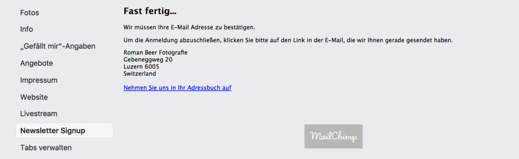 Facebook Mailchimp Signup Bestätigung