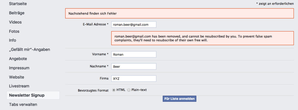 Mailchimp Facebook Fehlermeldung